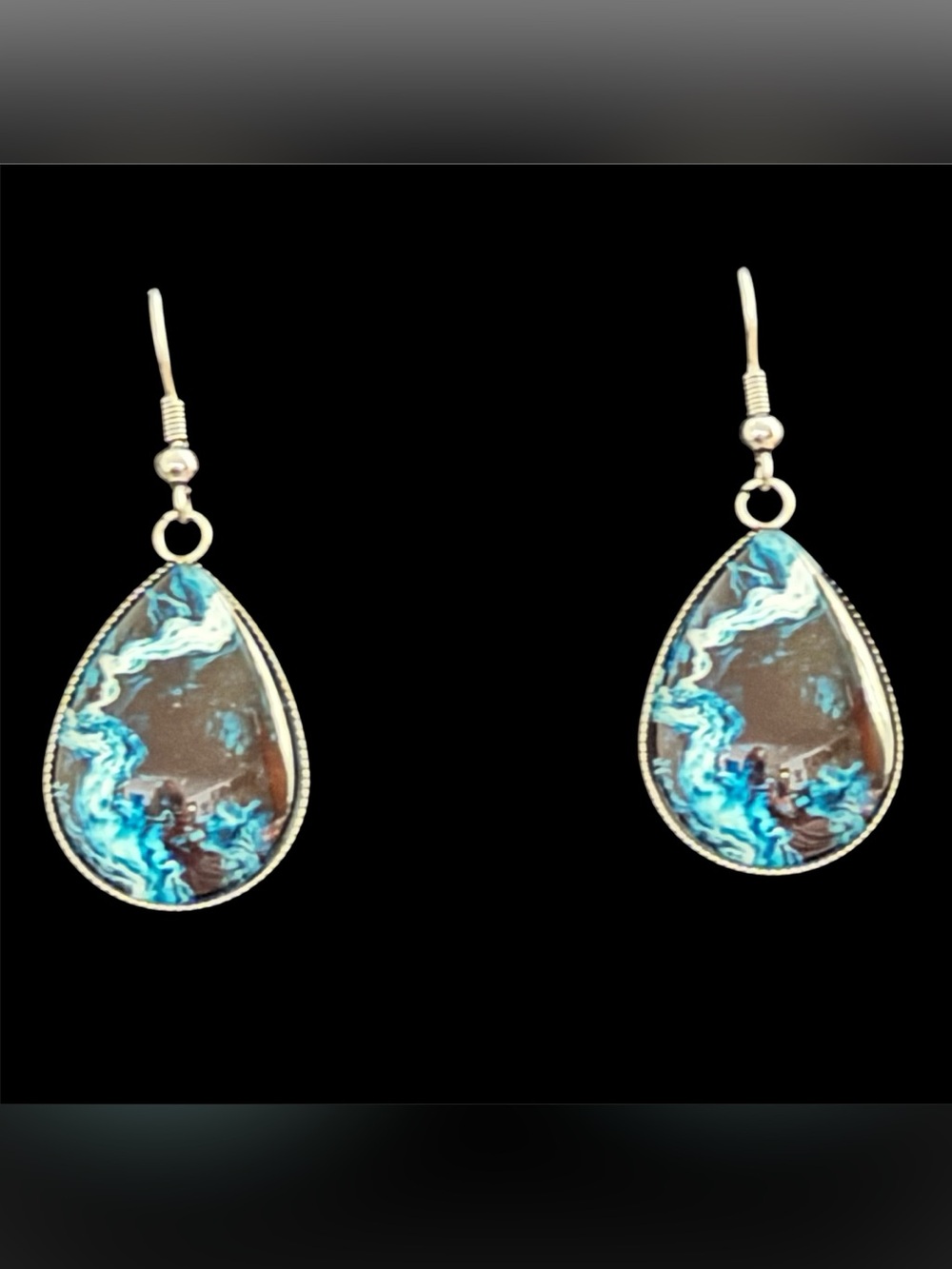 Teardrop Blue Marble Look Dangle Earrings In Silver Tone Setting